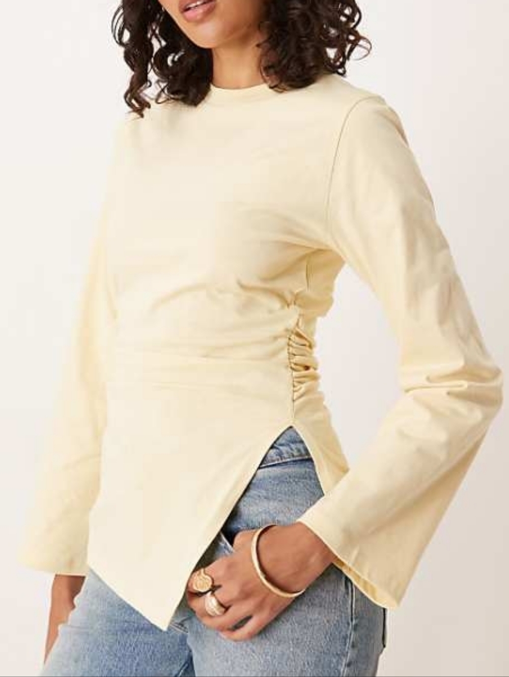 ASOS Asymmetric Hem Long Sleeve Ruched Side Top - Butter Yellow